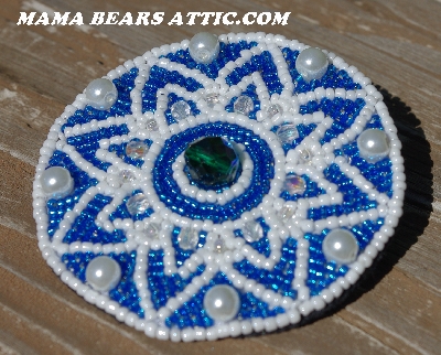 MBA #5614-0087  "White & Blue Glass Bead Round Brooch"