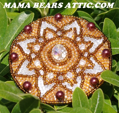 MBA #5614-145  "Brown & Gold Glass Bead Round Brooch"