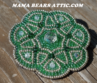 MBA #5614-109  "Metallic Silver & Green Glass Bead Round Brooch"