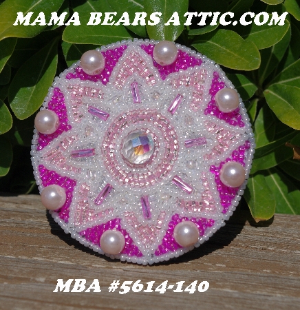 MBA #5614-140  "Hot Pink & Pearl White Glass Bead Round Brooch"