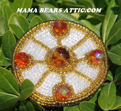 MBA #5615-9724  "Gold, Clear Luster & Amber AB Glass Bead Round Brooch"