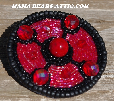 MBA #5615-9767  "Black & Red Glass Round Bead Brooch"