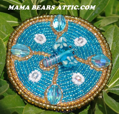 MBA #5615-9807  "Blue & Gold Glass Bead Dragonfly Brooch"