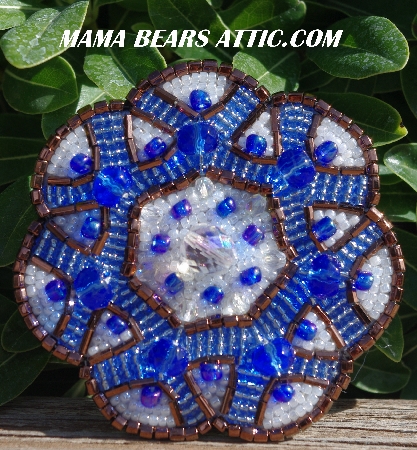 MBA #5616B-157  "Copper, Blue & Pearl White Glass Bead Brooch"