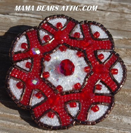 MBA #5616B-228  "Red & White Glass Bead Brooch"