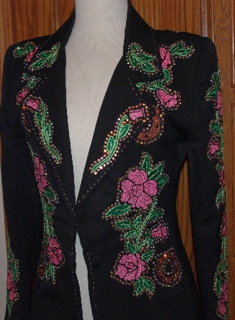 MBAJ B#0366  "Rickrageous Black "Pink Roses & Horseshoes" Blazer"