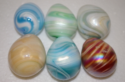 +MBA #11-155  Set Of 6 Hand Made Glass Marbled Eggs