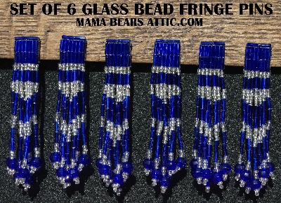 MBA #5631B-3450  "Dark Blue & Clear Glass Bead Set Of 6 Fringe Pins"