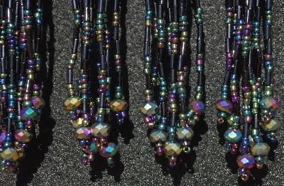 MBA #5631B-3447  "Black & Metallic Peacock Glass Bead Set Of 6 Fringe Pins"