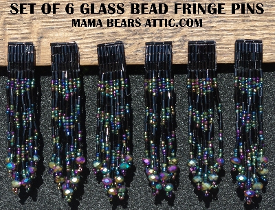 MBA #5631B-3447  "Black & Metallic Peacock Glass Bead Set Of 6 Fringe Pins"