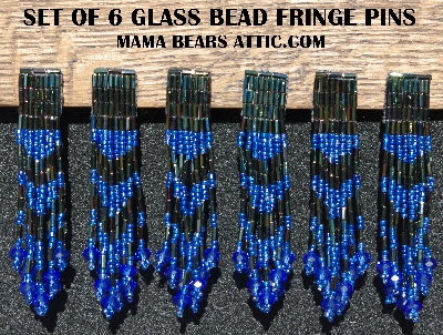 MBA #5631B-3399  "Metallic Iris & Blue Set Of 6 Glass Bead Fringe Pins"