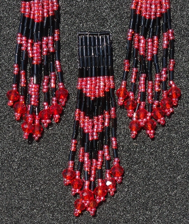 MBA #5631A-3188  "Black & Luster Red Set Of 6 Glass Bead Fringe Pins"