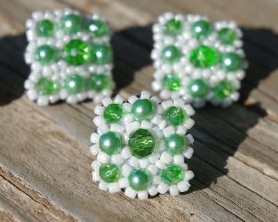 MBA #5632A-3543  "Green & White Glass Bead Set Of 5 Mini Brooch Pins"