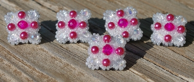 MBA #5632A-3567  " Hot Pink & White Set Of 5 Glass Bead Mini Brooch Pins"