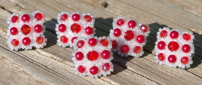 MBA #5632A-3575  "Red & White Set Of 5 Glass Bead Mini Brooch Pins"