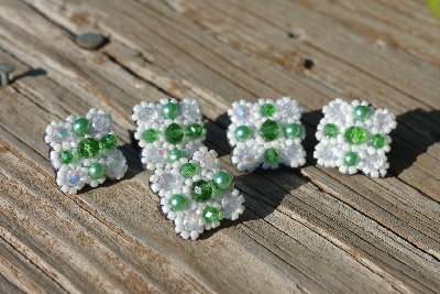 MBA #5632A-3612  "Green & White Set Of 5 Glass Bead Min Brooch Pins"