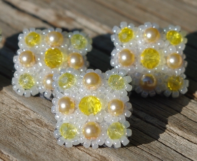 MBA #5632A-3614  "White & Yellow Set Of 5 Glass Bead Mini Brooch Pins"