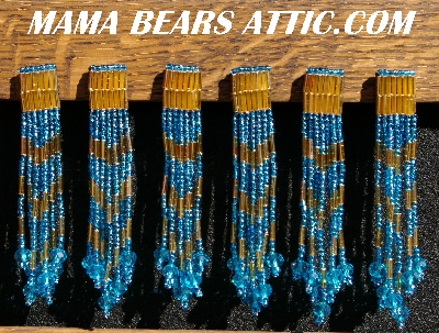 MBA #5633-1360 "Aqua Blue & Gold Set Of 6 Glass Bead Fringe Pins"
