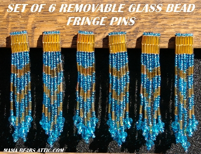 MBA #5633-1360 "Aqua Blue & Gold Set Of 6 Glass Bead Fringe Pins"