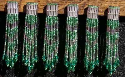 MBA #5633A-1389  "Green & Silver Set Of 6 Glass Bead Fringe Pins"