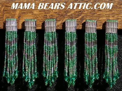 MBA #5633A-1389  "Green & Silver Set Of 6 Glass Bead Fringe Pins"