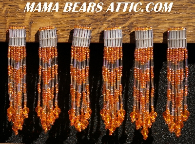 MBA #5633A-1430   "Silver & Luster Orange Set Of 6 Glass Bead Fringe Pins"