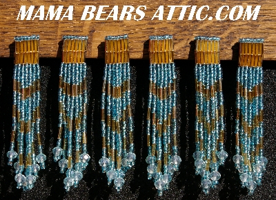 MBA #5633A-1474  "Aqua Blue & Gold Set Of 6 Glass Bead Fringe Pins"