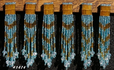 MBA #5633A-1474  "Aqua Blue & Gold Set Of 6 Glass Bead Fringe Pins"