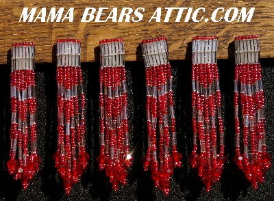 MBA #5633A-1483  "Cherry Red & Silver Set Of 6 Glass Bead Fringe Pins"