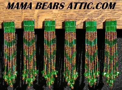 MBA #5633A-1511  "Rootbeer Luster & Green Set Of 6 Glass Bead Fringe Pins" 