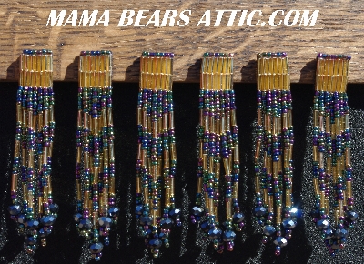 MBA #5633A-3661  "Metallic Rainbow & Gold Set Of 6 Glass Bead Fringe Pins"