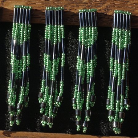 MBA #5633B-3739  "Metallic Green & Grey Set Of 6 Glass Bead Fringe Pins"