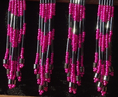 MBA #5633B-3769  "Hot Pink & Grey Set Of 6 Glass Bead Fringe Pins"