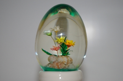 +MBA #12-138    1980's Beautiful Clear Acrylic Egg With Flowers & Shells