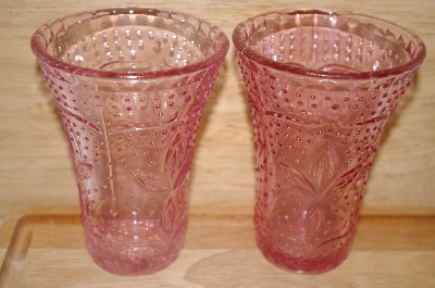 +MBA #13-046A    "Set Of 2 Pink Glass Floral & Hobnail Embosed Water Glasses