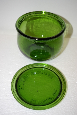 +MBA #13-143B    "2004 Set Of 2 Biller & Jones  Small Bottle Green Glass Topped Canisters
