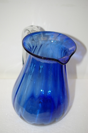 +MBA #11-035   2003 Beautiful Blue Art Glass Hand Made Water Pitcher
