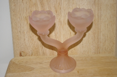 +MBA #14-032A    "Pink Satin Glass Double Rose Candle Holder