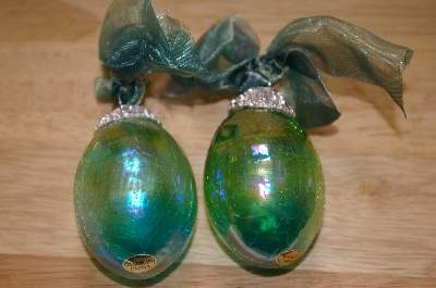 +MBA #15-038  Set Of 2 Iredescent Blue/Green Hand Blown Egg Ornaments