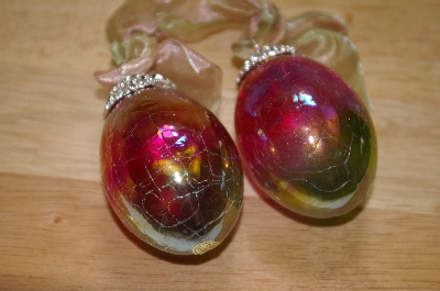 +MBA #15-034  Set Of 2 Pink/Green Iredescent Crackle Glass Egg Ornaments