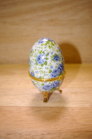 +MBA #14-219A  Small Blue Roses Porcelain Egg Shaped Trinket Box