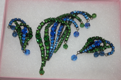 +MBA  3 Piece Antique Green & Blue Crystal Pin & Earring Set