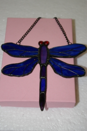 +MBA #16-607A  Blue & Purple Stain Glass Hanging Dragonfly