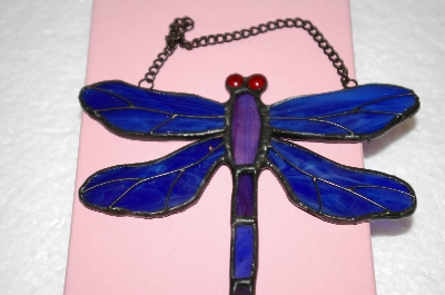 +MBA #16-607B  Blue & Purple Stained Glass Hanging Dragonfly