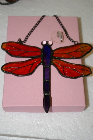+MBA #16-609  Red & Purple Stain Glass Hanging Dragonfly
