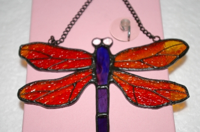 +MBA #16-609  Red & Purple Stain Glass Hanging Dragonfly