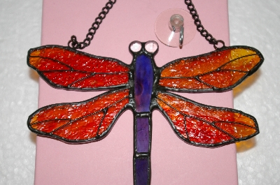 +MBA #16-609A  Red & Purple Stained Glass Hanging Dragonfly