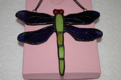 +MBA #16-612  Green & Purple Stained Glass Hanging Dragonfly