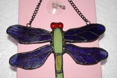 +MBA #16-612  Green & Purple Stained Glass Hanging Dragonfly