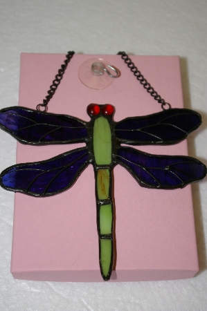 +MBA #16-612A  Green & Purple Stained Glass Hanging Dragonfly